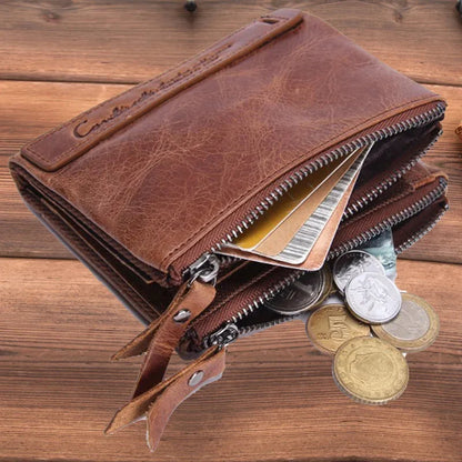 Vintage Genuine Leather Men Women Short Bifold Coin Purse Large Capacity Card Holders Male Double Zipper Money Wallet