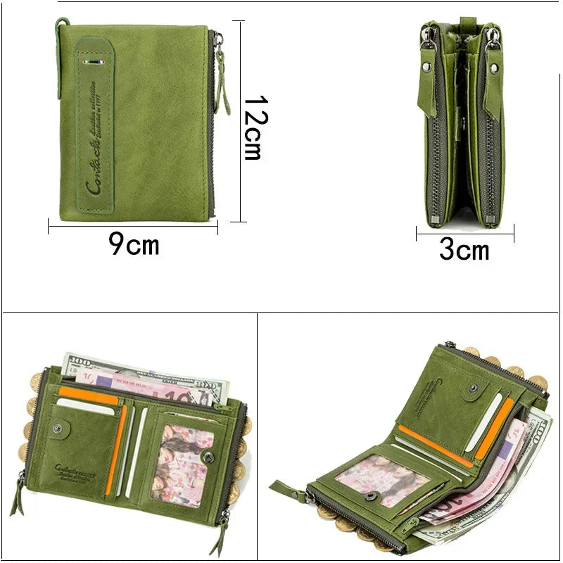 Vintage Genuine Leather Men Women Short Bifold Coin Purse Large Capacity Card Holders Male Double Zipper Money Wallet