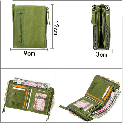 Vintage Genuine Leather Men Women Short Bifold Coin Purse Large Capacity Card Holders Male Double Zipper Money Wallet