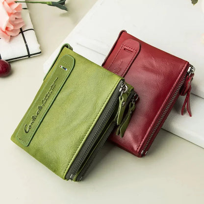 Vintage Genuine Leather Men Women Short Bifold Coin Purse Large Capacity Card Holders Male Double Zipper Money Wallet