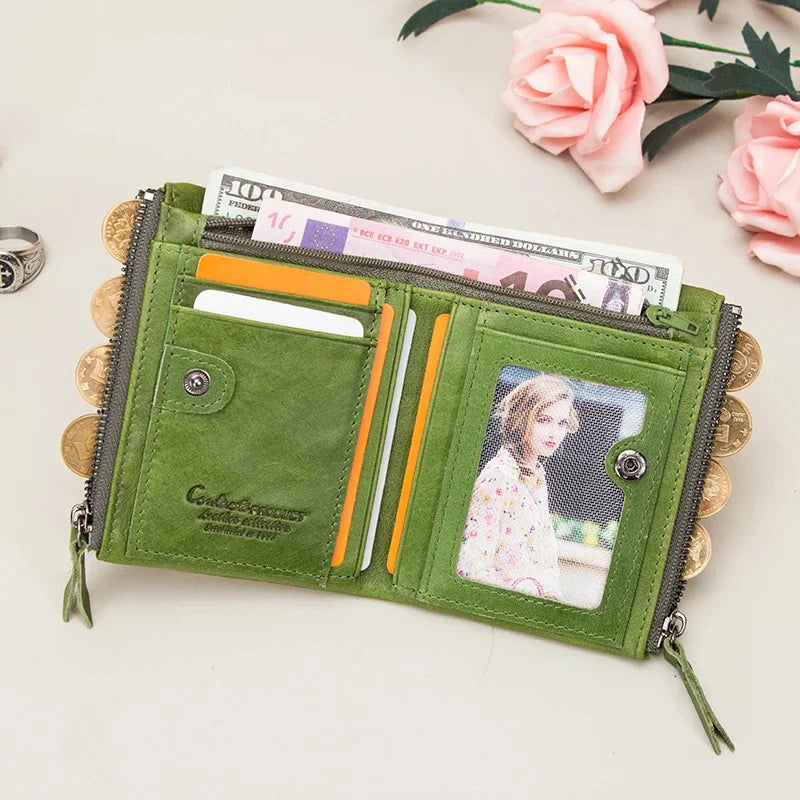 Vintage Genuine Leather Men Women Short Bifold Coin Purse Large Capacity Card Holders Male Double Zipper Money Wallet