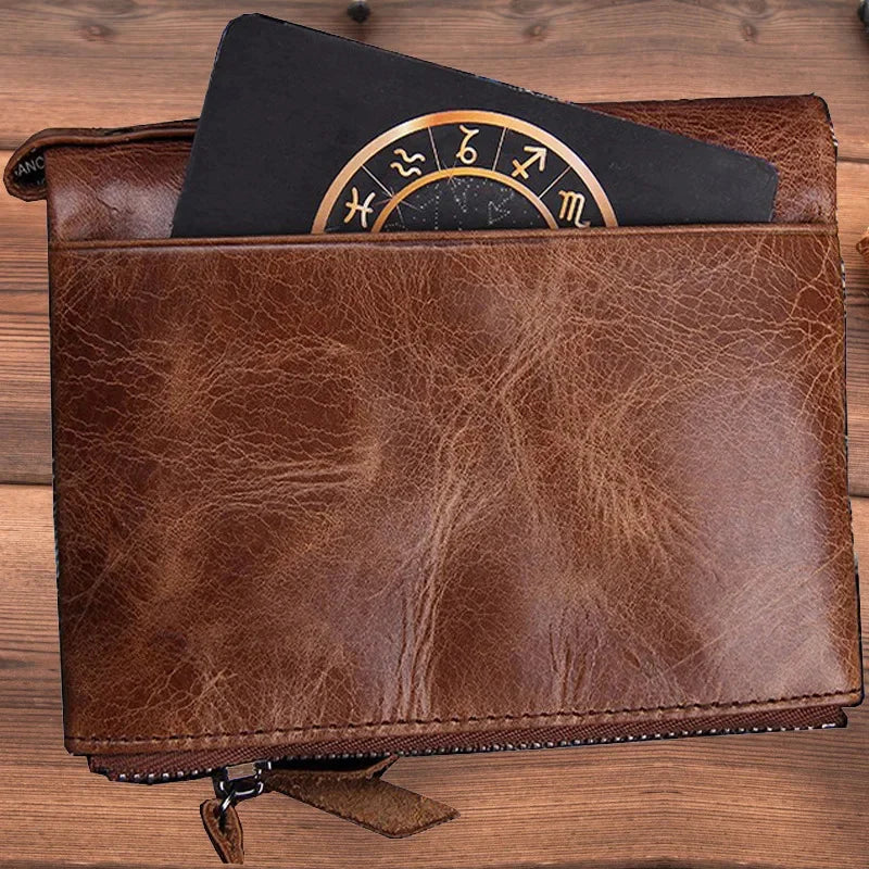 Vintage Genuine Leather Men Women Short Bifold Coin Purse Large Capacity Card Holders Male Double Zipper Money Wallet
