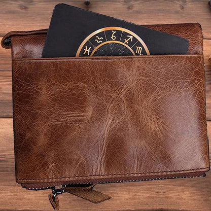 Vintage Genuine Leather Men Women Short Bifold Coin Purse Large Capacity Card Holders Male Double Zipper Money Wallet