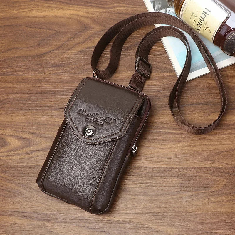 Vintage Genuine Leather Men's Belt Multi-Function Mini Crossbody Cowhide Male Shoulder Fashion Phone Bag