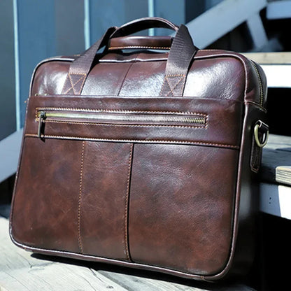 Vintage Genuine Leather Men's Briefcase Business Handbag Office Male Shoulder Messenger Cowhide 15.6" Inch Laptop Bag