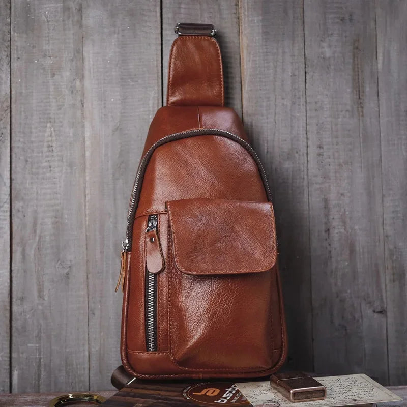 Vintage Genuine Leather Men's Chest Casual Cowhide Crossbody Large Capacity Male Shoulder Fashion Sling Bag