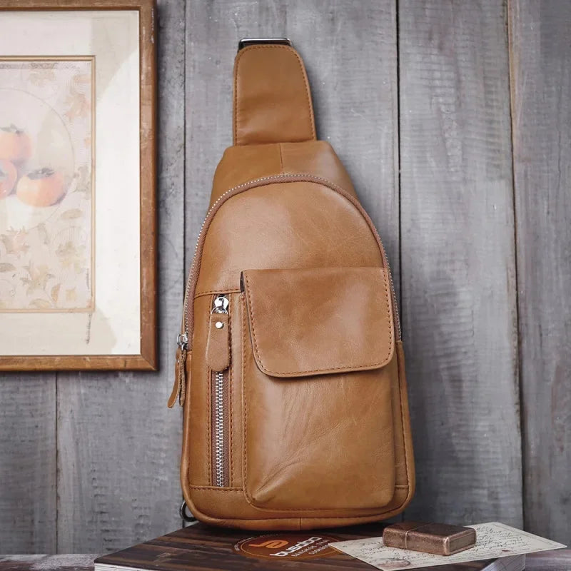 Vintage Genuine Leather Men's Chest Casual Cowhide Crossbody Large Capacity Male Shoulder Fashion Sling Bag