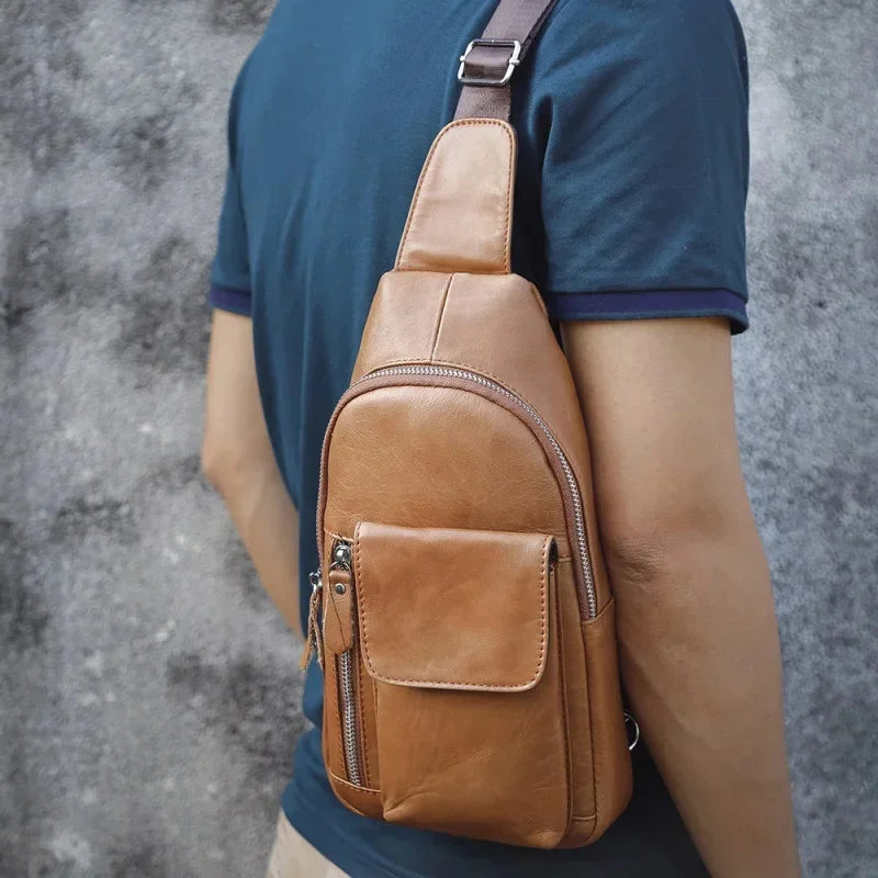 Vintage Genuine Leather Men's Chest Casual Cowhide Crossbody Large Capacity Male Shoulder Fashion Sling Bag