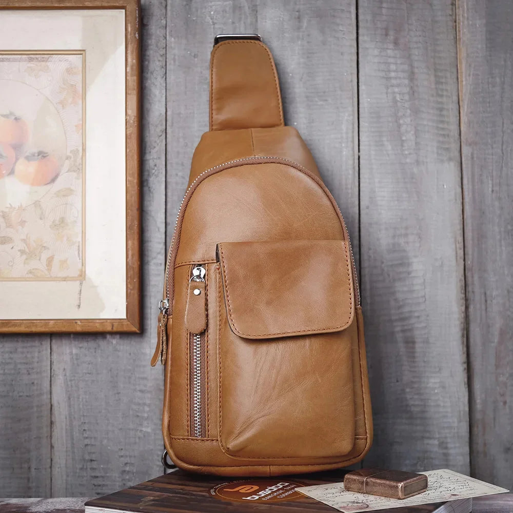 Vintage Genuine Leather Men's Chest Casual Cowhide Crossbody Large Capacity Male Shoulder Fashion Sling Bag