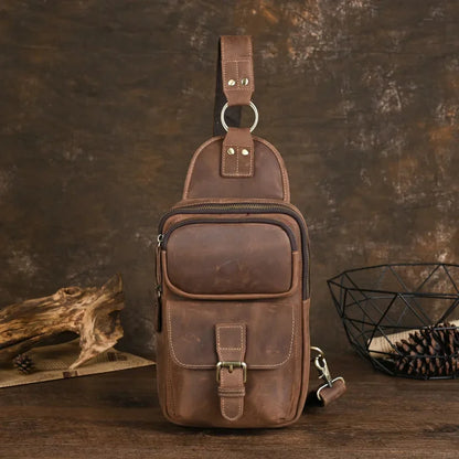 Vintage Genuine Leather Men's Chest Cowhide Shoulder Messenger Large Capacity Male Crossbody Casual Sling Bag