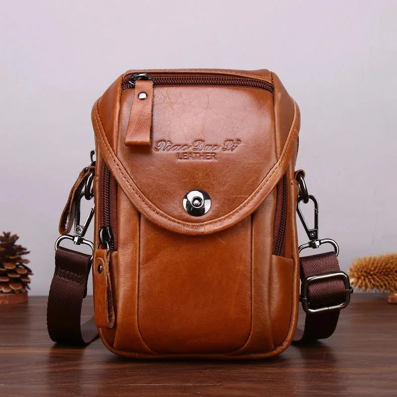 Vintage Genuine Leather Men's Crossbody Cowhide MultiFunction Shoulder Messenger Fashion Phone Bag Male Belt Pouch
