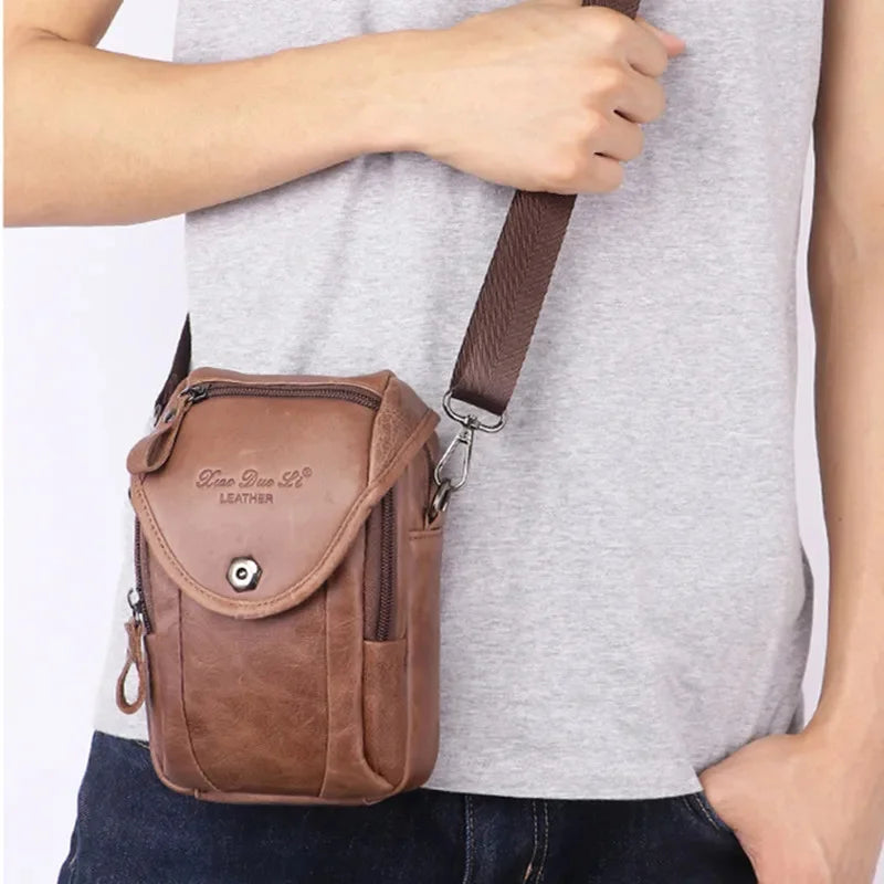 Vintage Genuine Leather Men's Crossbody Cowhide MultiFunction Shoulder Messenger Fashion Phone Bag Male Belt Pouch