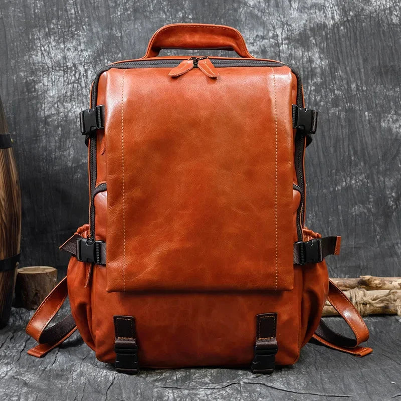 Vintage Genuine Leather Men's Large Capacity Student School Bag Fashion Cowhide Travel Backpack