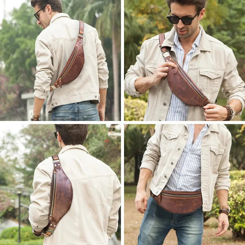 Vintage Genuine Leather Men's Waist Belt Fashion Cowhide Chest Casual Male Shoulder Crossbody Bag Luxury Fanny Pack