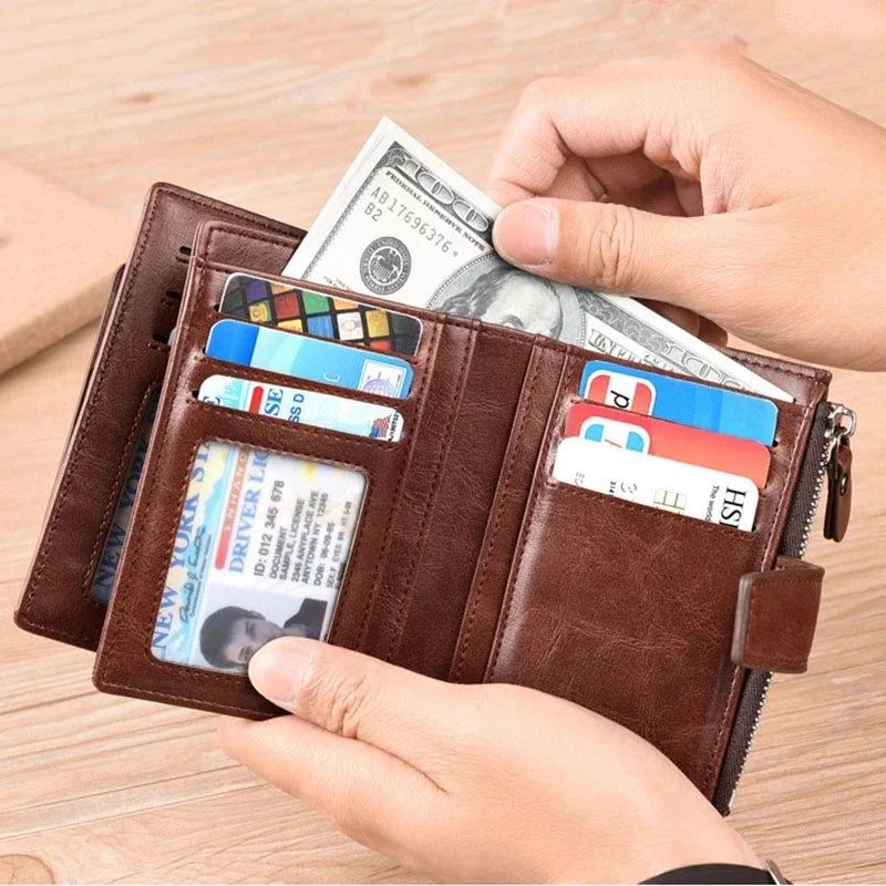 Vintage Genuine Leather Men's Wallet RFID Blocking Card Holder Business Coin Purse Multi Function Male Money Clip