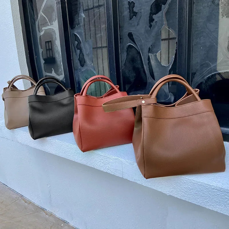 Vintage Genuine Leather Simple Handbags Commuter Large Capacity Elegant Square Bags One Shoulder Crossbody Lady Purses 2024 New