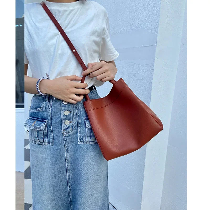 Vintage Genuine Leather Simple Handbags Commuter Large Capacity Elegant Square Bags One Shoulder Crossbody Lady Purses 2024 New