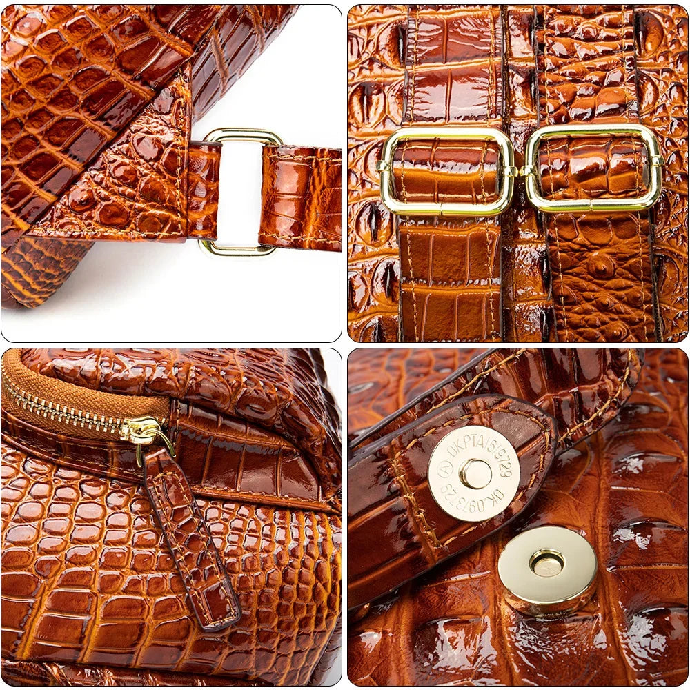 Vintage Genuine Leather Women For Students Girl Backpack Shoulder Ladies Crocodile Cowhide Luxury Travel Bag