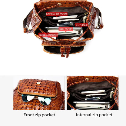 Vintage Genuine Leather Women For Students Girl Backpack Shoulder Ladies Crocodile Cowhide Luxury Travel Bag