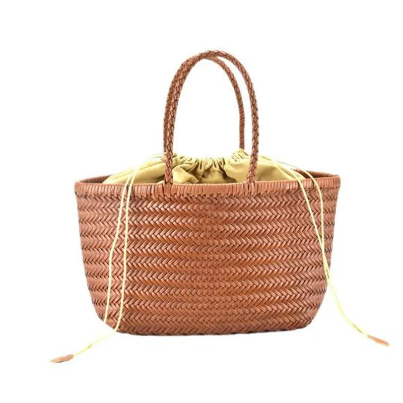 Vintage Genuine Leather Woven Shoulder Bag with Inner Bag Weaving Casual Women's Shopping Bag Tote Purse Cowhide Cross Hand Bags