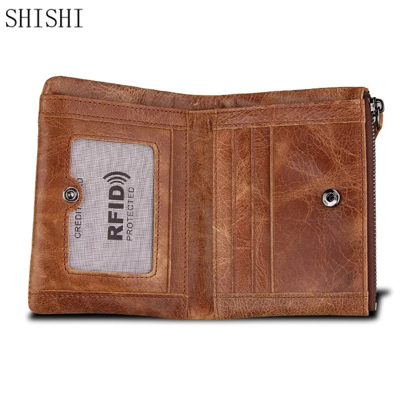 Vintage Genuine Leather Zipper For Men RFID Holder Card Wallet Luxury Male Coin Purses Multi Function Man Money Clip