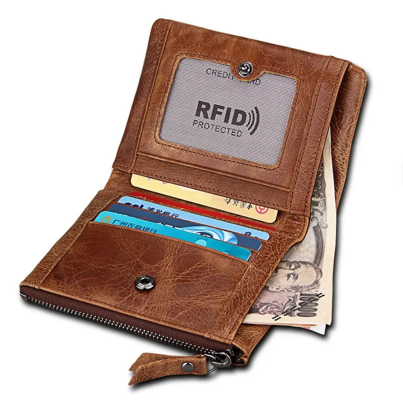 Vintage Genuine Leather Zipper For Men RFID Holder Card Wallet Luxury Male Coin Purses Multi Function Man Money Clip