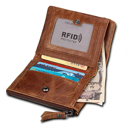 Vintage Genuine Leather Zipper For Men RFID Holder Card Wallet Luxury Male Coin Purses Multi Function Man Money Clip