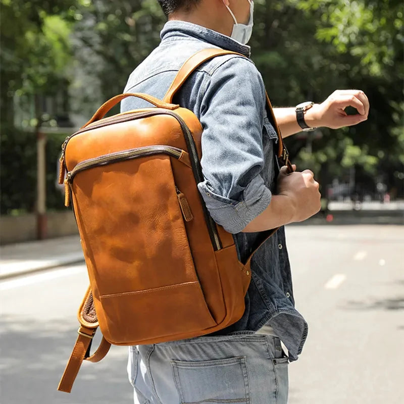 Vintage Genuine Men's Crazy Horse Leather Travel Backpack Fasion Male School Large Capacity Laptop Bag