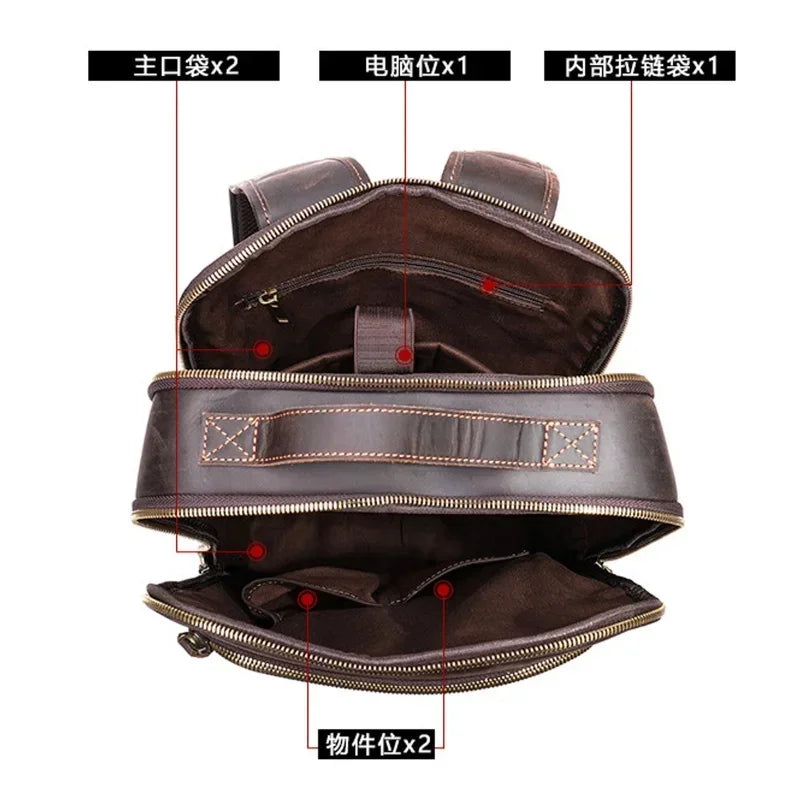 Vintage Genuine Men's Crazy Horse Leather Travel Backpack Fasion Male School Large Capacity Laptop Bag