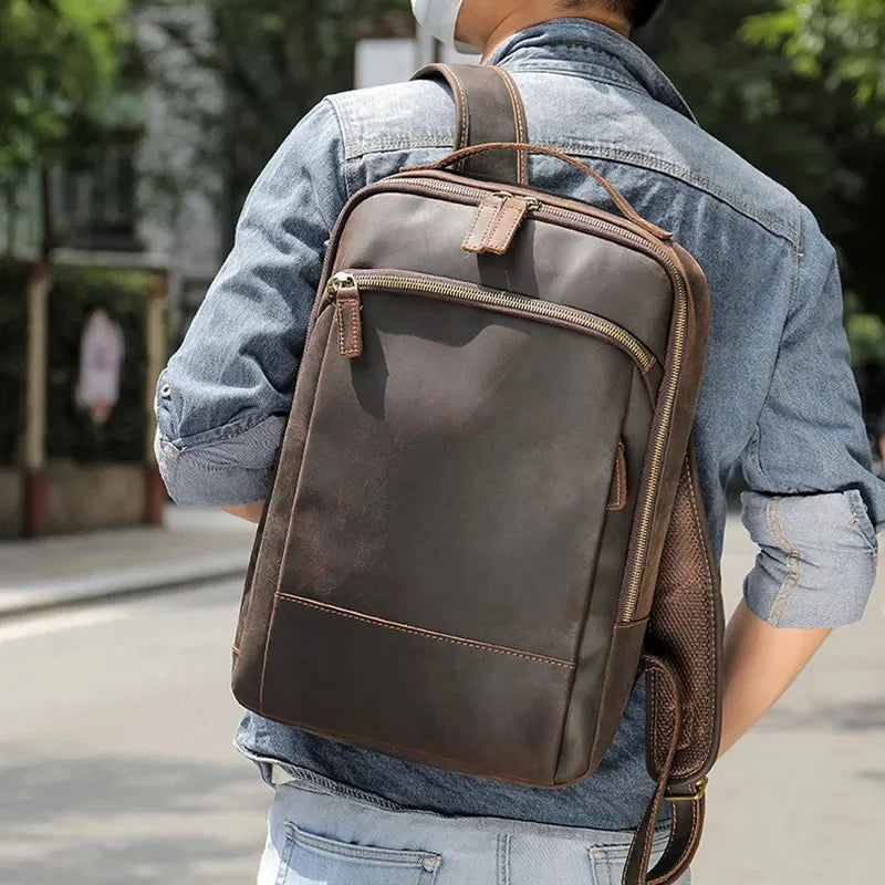 Vintage Genuine Men's Crazy Horse Leather Travel Backpack Fasion Male School Large Capacity Laptop Bag