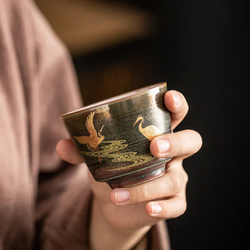 Vintage Hand-painted Golden Crane Teacup Tea Set Single Cup Ceramic Kung Fu Tea Set Teaware Kitchen Dining Bar Home Garden