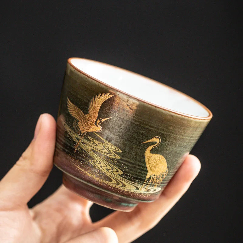 Vintage Hand-painted Golden Crane Teacup Tea Set Single Cup Ceramic Kung Fu Tea Set Teaware Kitchen Dining Bar Home Garden
