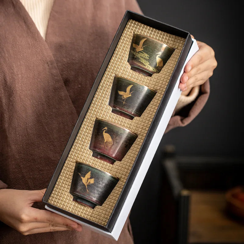 Vintage Hand-painted Golden Crane Teacup Tea Set Single Cup Ceramic Kung Fu Tea Set Teaware Kitchen Dining Bar Home Garden