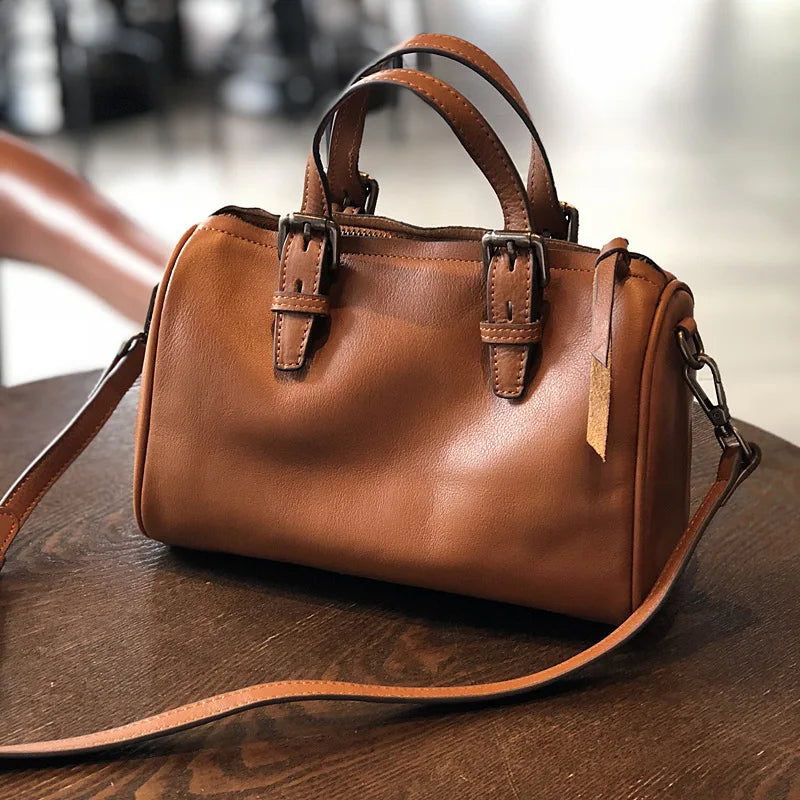 Vintage Handmade Women's Bag 2024 New High Qaulity Cowhide Boston Bags Large Capacity Commuter Soft Genuine Leather Bolsas