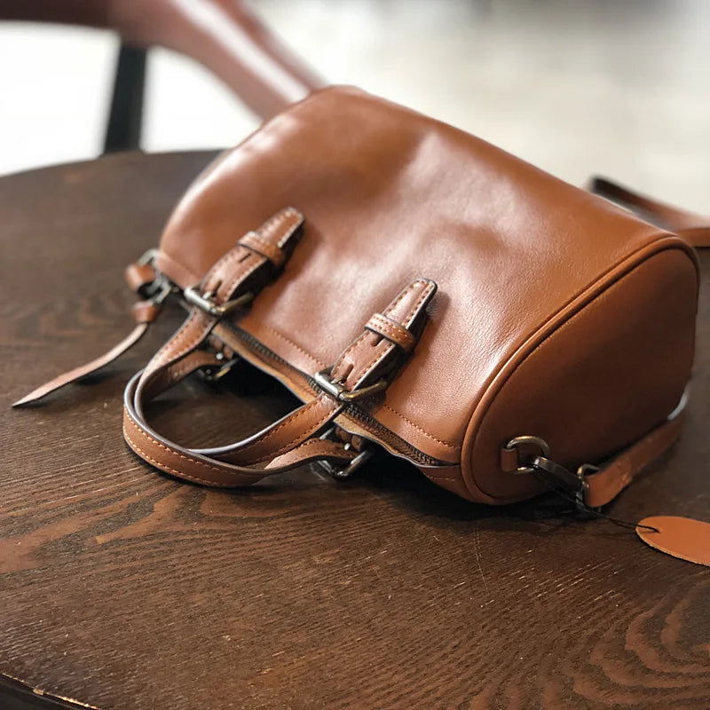 Vintage Handmade Women's Bag 2024 New High Qaulity Cowhide Boston Bags Large Capacity Commuter Soft Genuine Leather Bolsas