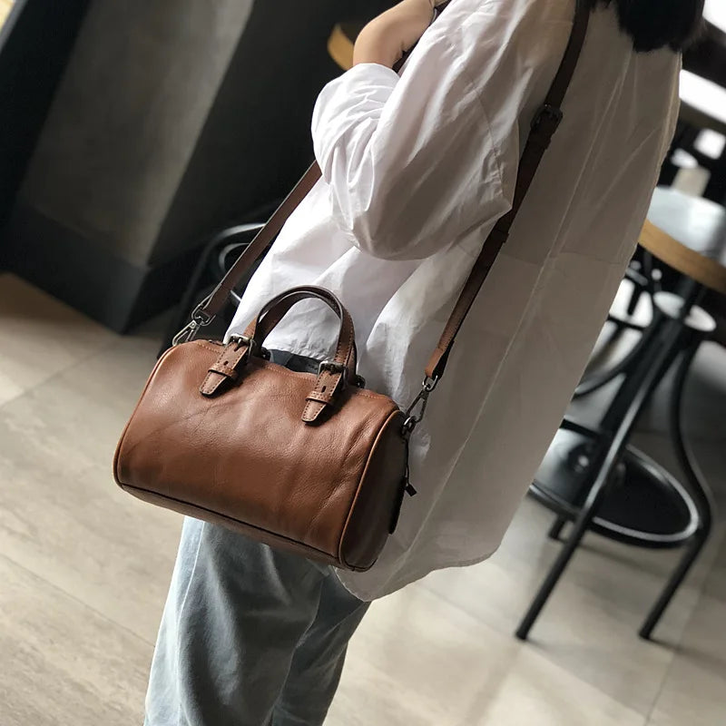 Vintage Handmade Women's Bag 2024 New High Qaulity Cowhide Boston Bags Large Capacity Commuter Soft Genuine Leather Bolsas
