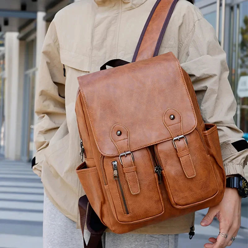 Vintage Large Capacity Men's Luxury PU Leather Travel Backpack Waterproof Computer Laptop Business Male School Bag