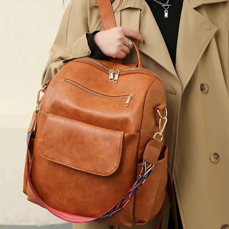 Vintage Large Capacity Women's PU Leather Travel Backpack Casual Female Shoulder Bag Fashion School Bags For Girls