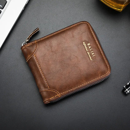 Vintage Leather Men's Wallet Business Zipper Coin Purse Large Capacity Card Holder Multi-Function Male Short Money Clip