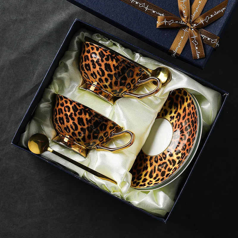 Vintage Leopard Bone Porcelain Premium Coffee Cup European Small Luxury Afternoon Tea Cup Set Ceramic Cup and Plate