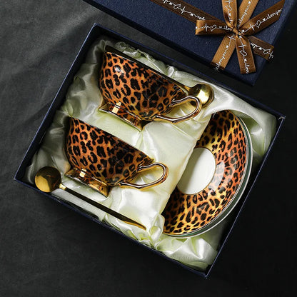 Vintage Leopard Bone Porcelain Premium Coffee Cup European Small Luxury Afternoon Tea Cup Set Ceramic Cup and Plate