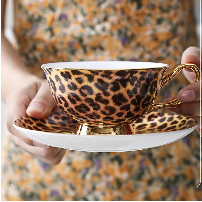Vintage Leopard Bone Porcelain Premium Coffee Cup European Small Luxury Afternoon Tea Cup Set Ceramic Cup and Plate