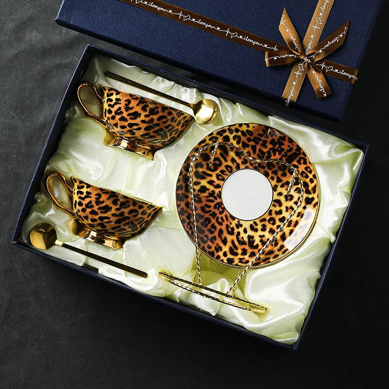 Vintage Leopard Bone Porcelain Premium Coffee Cup European Small Luxury Afternoon Tea Cup Set Ceramic Cup and Plate