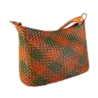 Vintage Manual Weave Genune Leather Hand Bag Bucket Tote Top Quality Women Basket Shopping Bags Hobos Handbag