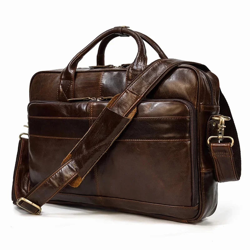 Vintage Men Genuine Briefcase Business Handbag Cow Leather Shoulder Crossbody Large Capacity Laptop Bag For Male