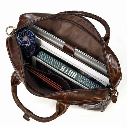 Vintage Men Genuine Briefcase Business Handbag Cow Leather Shoulder Crossbody Large Capacity Laptop Bag For Male
