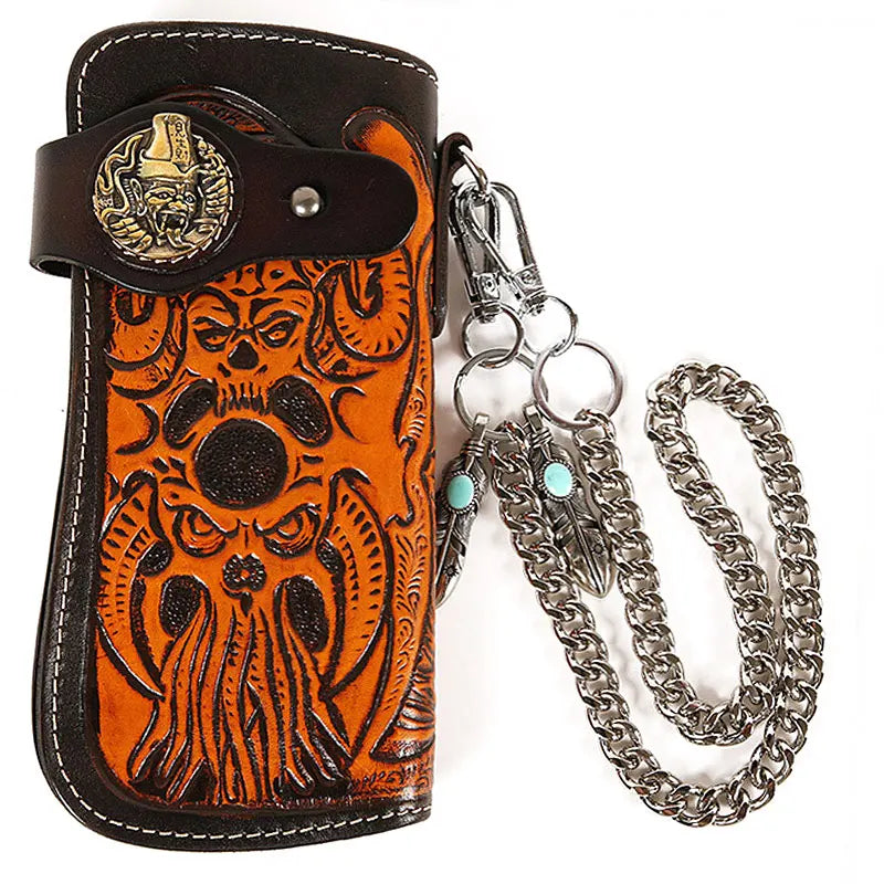 Vintage Men Wallet Cow Leather Carving Personality Handmade Chain Zipper Handbag Coin Dollar Card Holder Purse