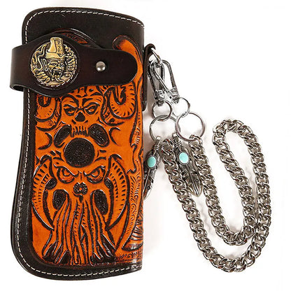 Vintage Men Wallet Cow Leather Carving Personality Handmade Chain Zipper Handbag Coin Dollar Card Holder Purse
