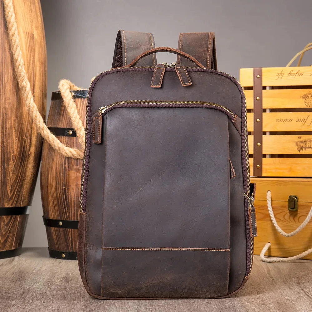 Vintage Men's Crazy Horse Leather genuine leather Retro Rucksack Large Classic Travel Backpack Big laptop computer bag