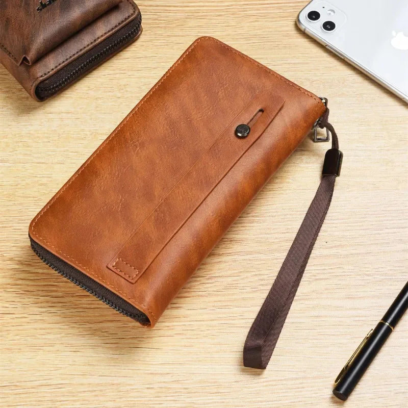 Vintage Men's Long Wallet Luxury Soft Leather Coin Purse Fashion Zipper Card Holders Male Multifunction Cell Phone Clutch Bag